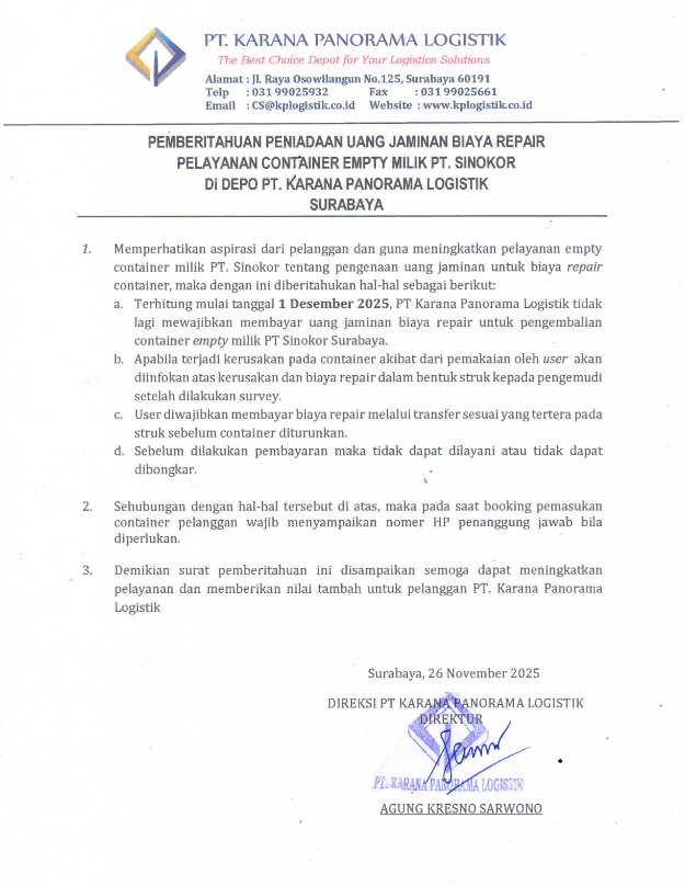 Pemberitahuan Peniadaan Uang Jaminan Biaya Repair Pelayanan Container Empty Milik PT SINOKOR di Depo PT Karana Panorama Logistik